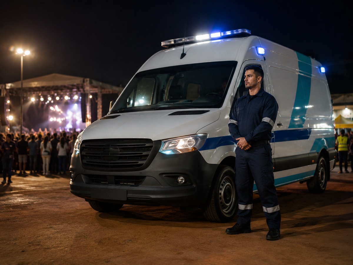 Ambulância da Acolher posicionada para cobertura de evento