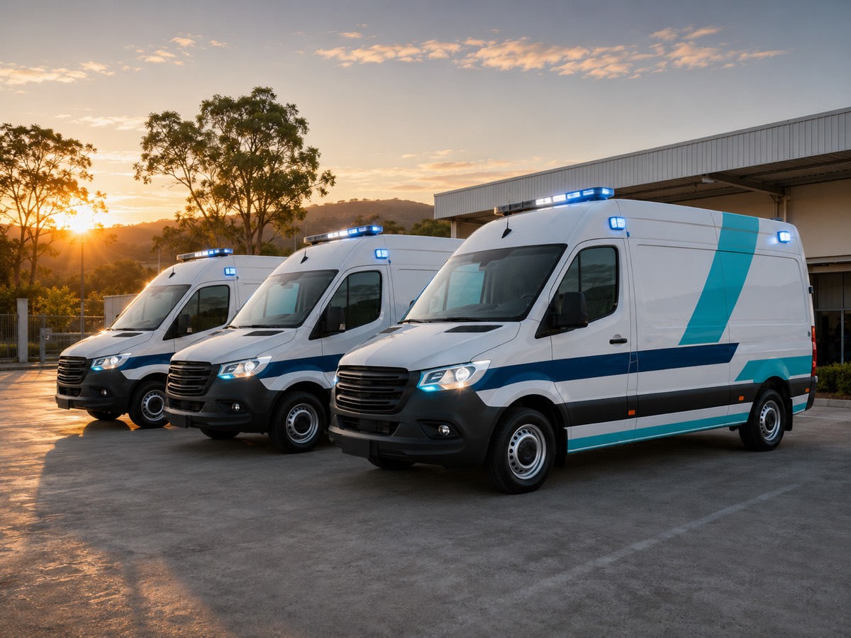 Frota de ambulâncias da Acolher alinhada em pátio